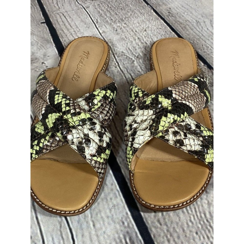 Madewell Skyler Slide Sandals Snake Embossed Leather Crossover Gray Green Sz 6.5